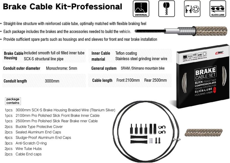 CNC Mountain Bike Brake Cable Kit,Bicycle Brake Cable Housing Coated Braided & Teflon Inner line For MTB（Black/Gold/Silver/Titanium silver） - Image 2